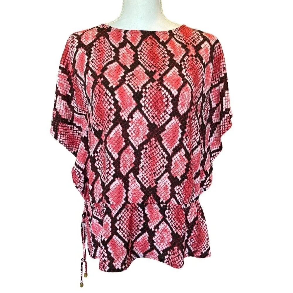 Michael Kors Top S Red Black Snake Print Shirt Blouse Flutter Sleeve Drawstring